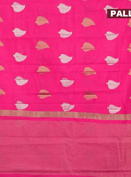 Semi raw silk saree pink with silver & gold zari woven leaf buttas and small zari woven border