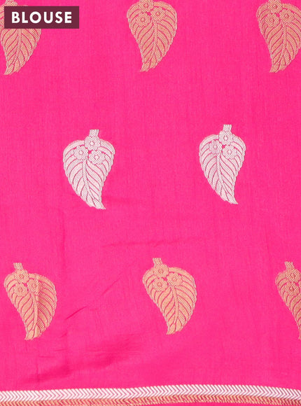 Semi raw silk saree pink with silver & gold zari woven leaf buttas and small zari woven border