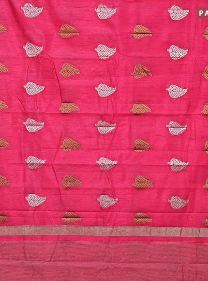 Semi raw silk saree pink with silver & gold zari woven leaf buttas and small zari woven border