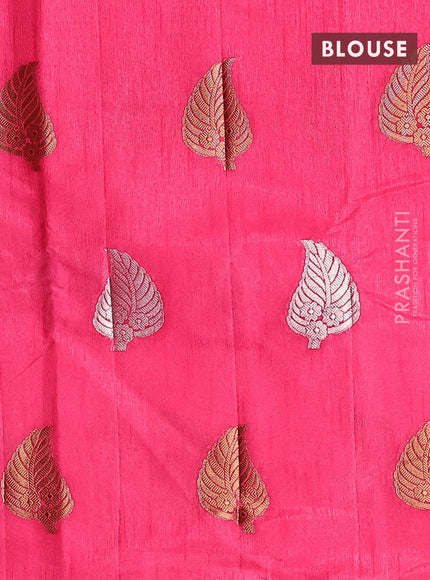 Semi raw silk saree pink with silver & gold zari woven leaf buttas and small zari woven border