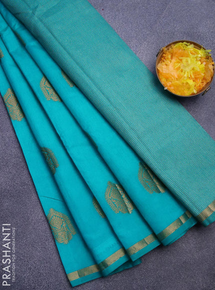 Semi raw silk saree teal green with zari woven buttas and small zari woven border