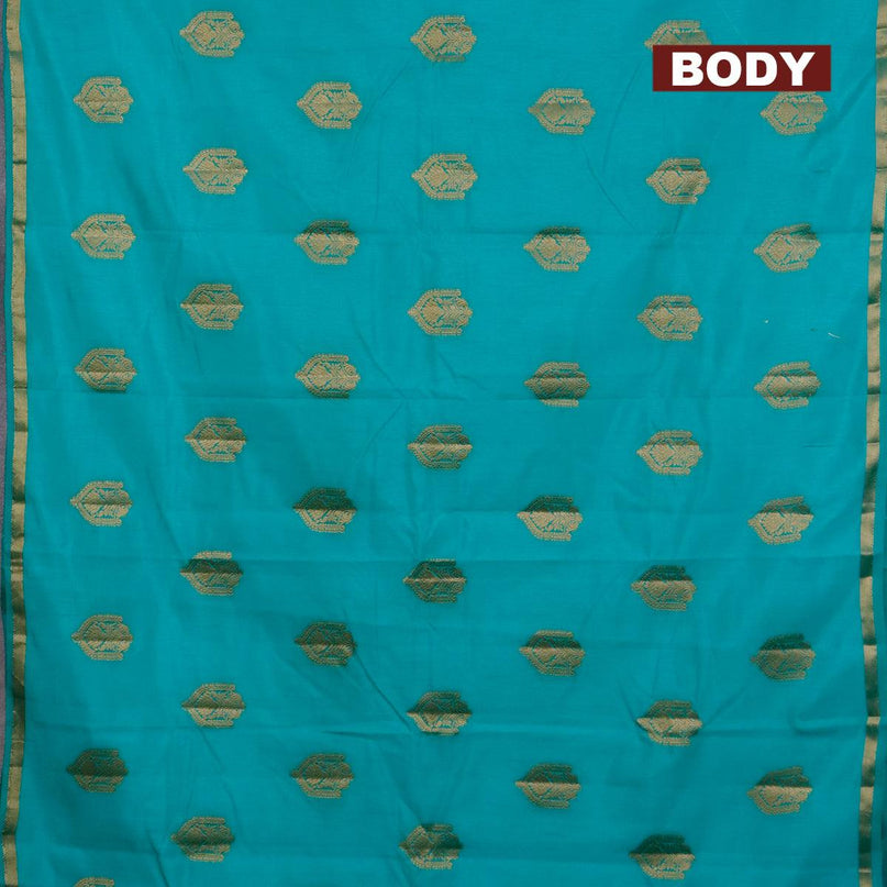 Semi raw silk saree teal green with zari woven buttas and small zari woven border