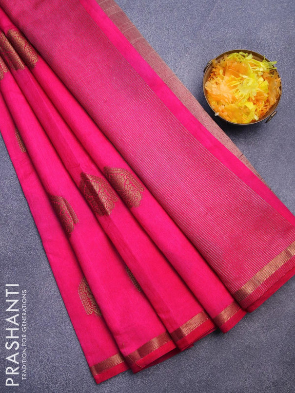 Semi raw silk saree pink with zari woven buttas and small zari woven border