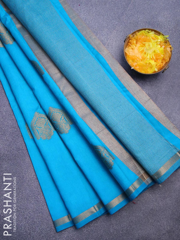 Semi raw silk saree teal blue with zari woven buttas and small zari woven border