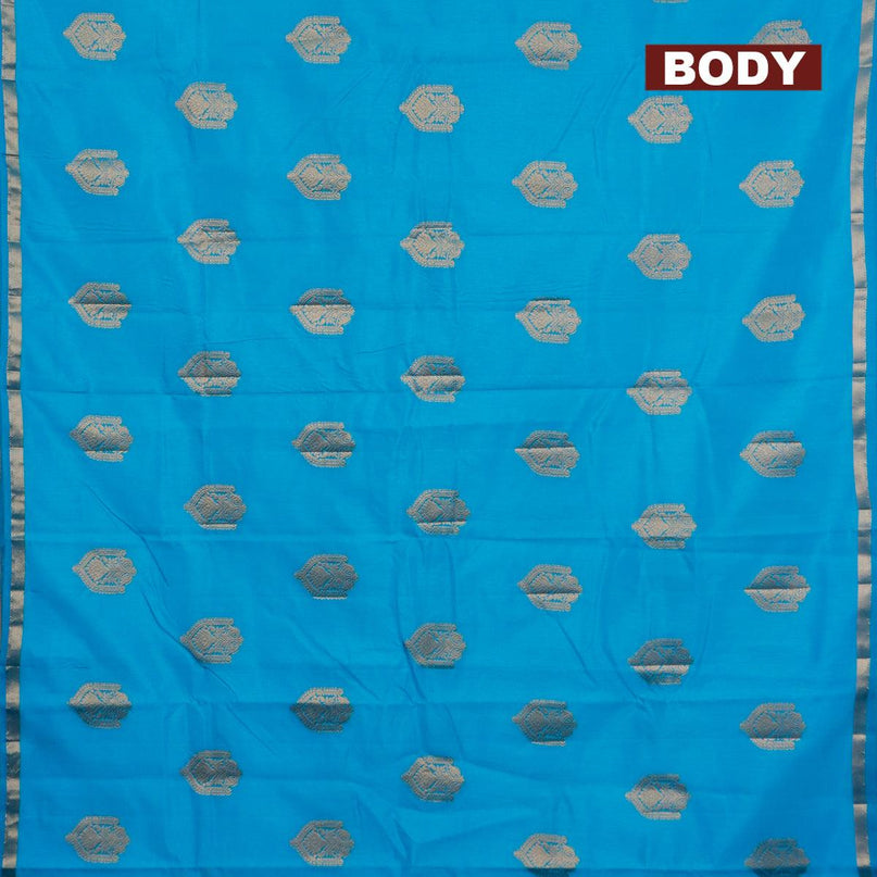 Semi raw silk saree teal blue with zari woven buttas and small zari woven border