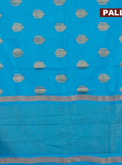 Semi raw silk saree teal blue with zari woven buttas and small zari woven border