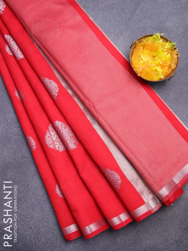 Semi raw silk saree red with silver zari woven buttas and silver zari woven border