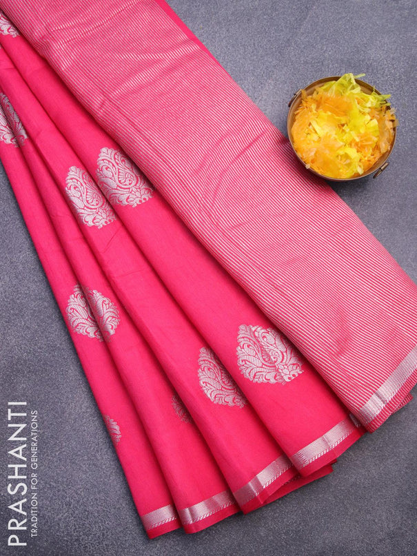 Semi raw silk saree pink with silver zari woven buttas and silver zari woven border