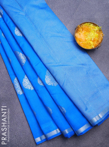 Semi raw silk saree cs blue with silver zari woven buttas and silver zari woven border