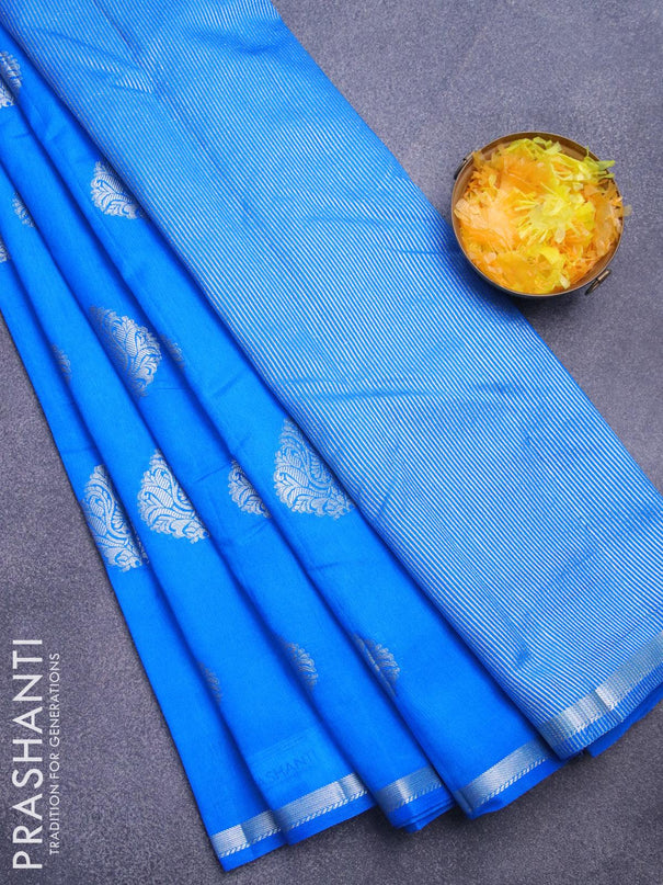 Semi raw silk saree cs blue with silver zari woven buttas and silver zari woven border