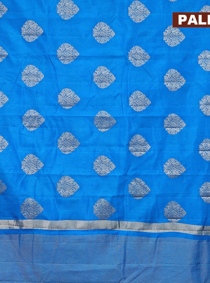 Semi raw silk saree cs blue with silver zari woven buttas and silver zari woven border