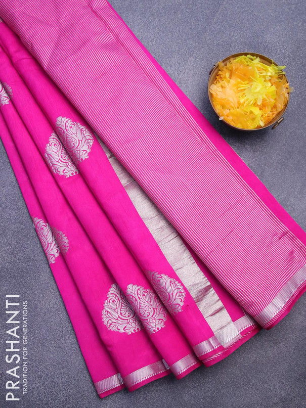 Semi raw silk saree magenta pink with silver zari woven buttas and silver zari woven border