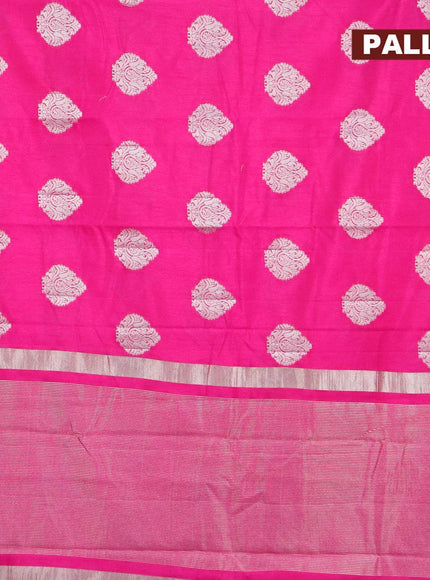 Semi raw silk saree magenta pink with silver zari woven buttas and silver zari woven border