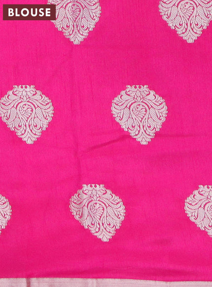 Semi raw silk saree magenta pink with silver zari woven buttas and silver zari woven border