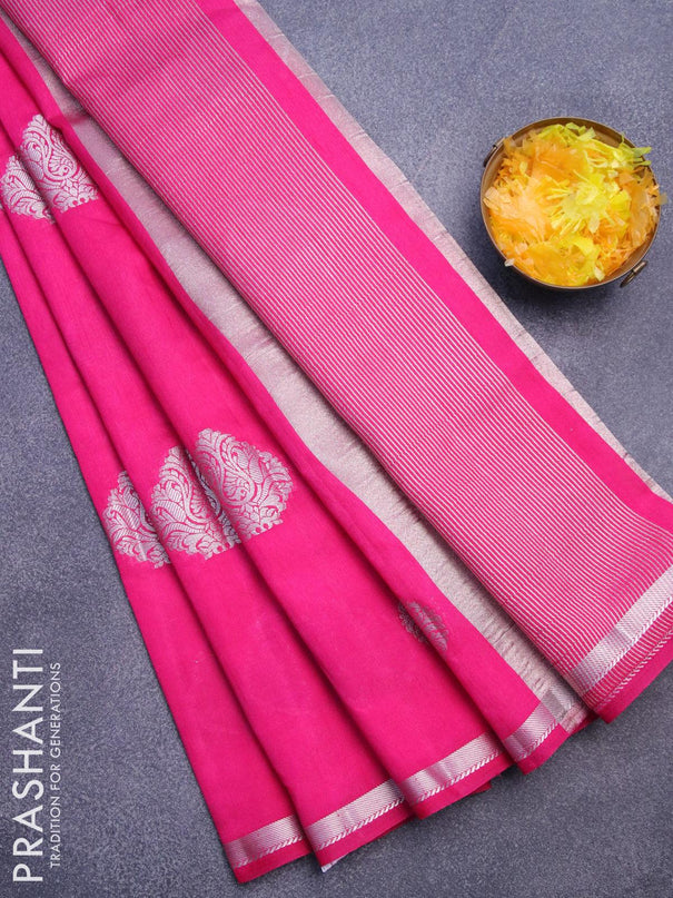 Semi raw silk saree pink with silver zari woven buttas and silver zari woven border