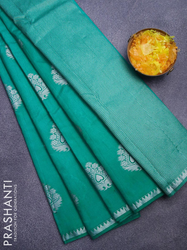 Semi raw silk saree teal green with silver zari woven buttas and silver zari woven border