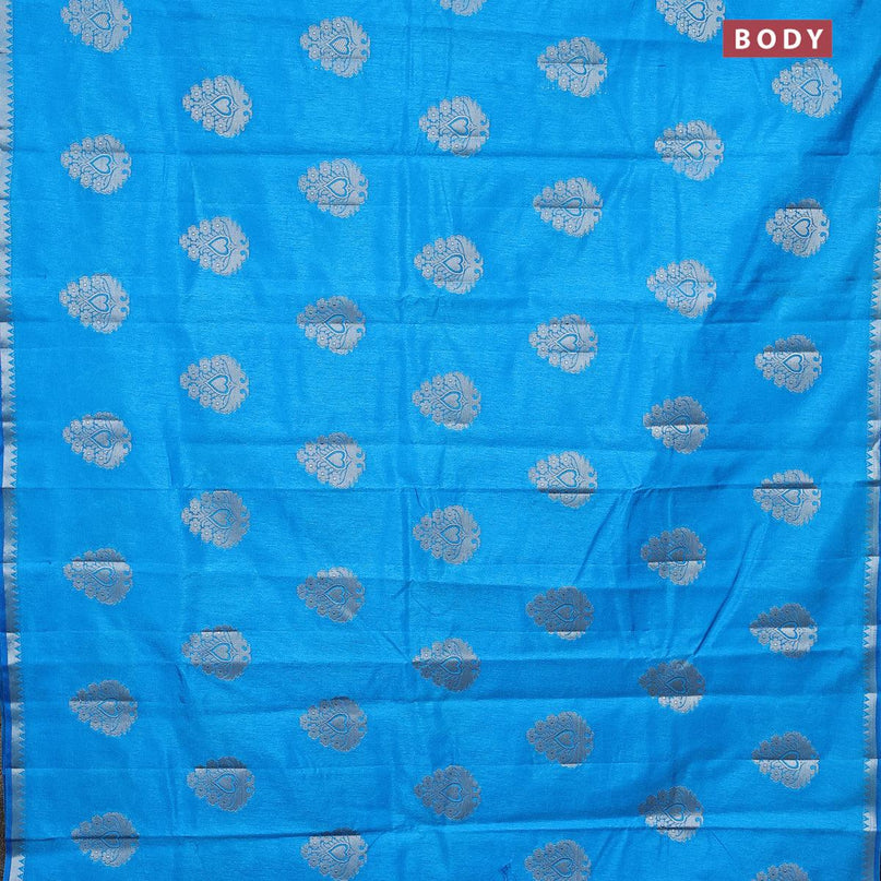 Semi raw silk saree cs blue with silver zari woven buttas and silver zari woven border