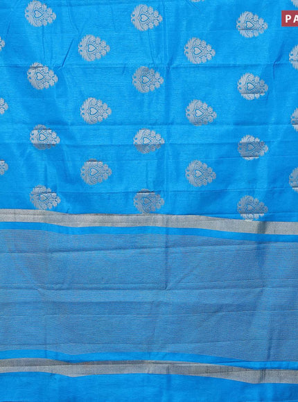 Semi raw silk saree cs blue with silver zari woven buttas and silver zari woven border