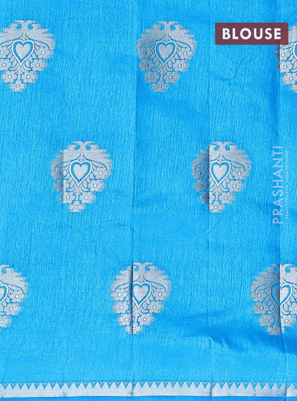 Semi raw silk saree cs blue with silver zari woven buttas and silver zari woven border