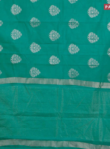 Semi raw silk saree teal green with silver zari woven buttas and silver zari woven border