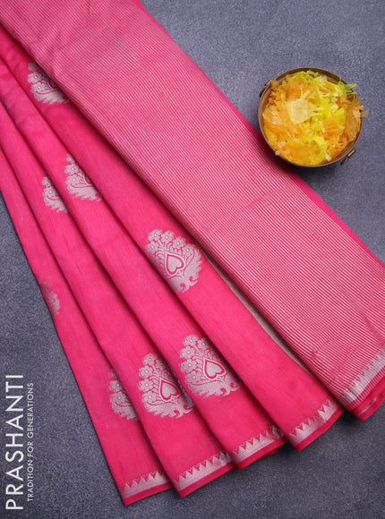 Semi raw silk saree pink with silver zari woven buttas and silver zari woven border