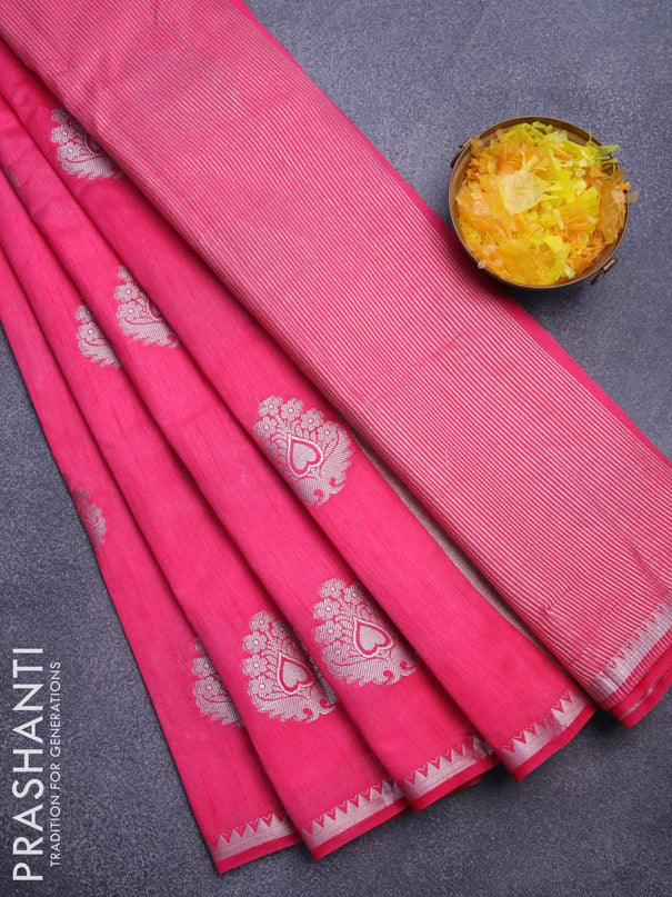 Semi raw silk saree pink with silver zari woven buttas and silver zari woven border