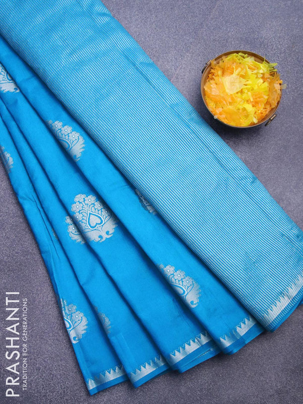 Semi raw silk saree cs blue with silver zari woven buttas and silver zari woven border