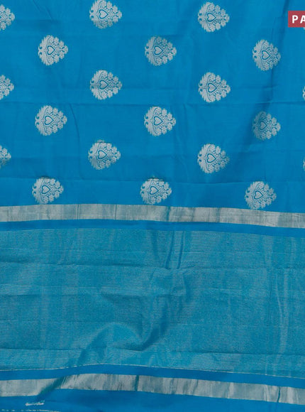 Semi raw silk saree cs blue with silver zari woven buttas and silver zari woven border