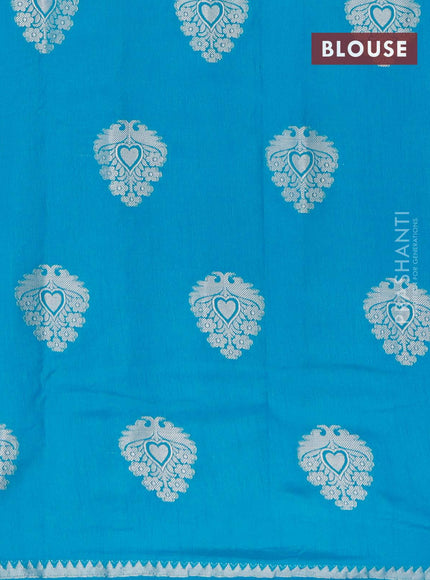 Semi raw silk saree cs blue with silver zari woven buttas and silver zari woven border