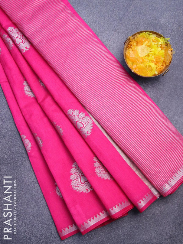 Semi raw silk saree pink with silver zari woven buttas and silver zari woven border