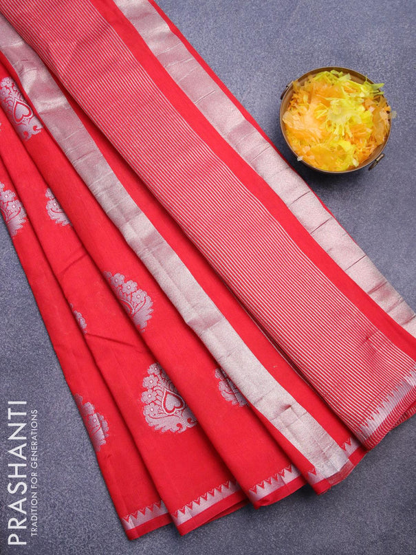 Semi raw silk saree red with silver zari woven buttas and silver zari woven border