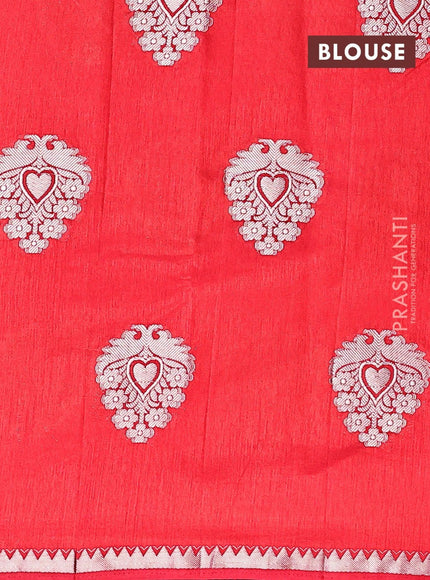 Semi raw silk saree red with silver zari woven buttas and silver zari woven border