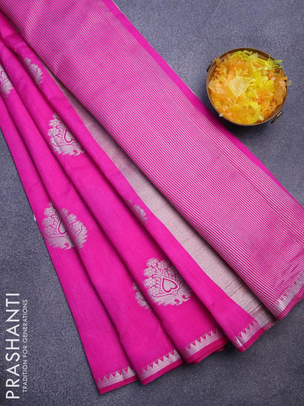 Semi raw silk saree pink with silver zari woven buttas and silver zari woven border