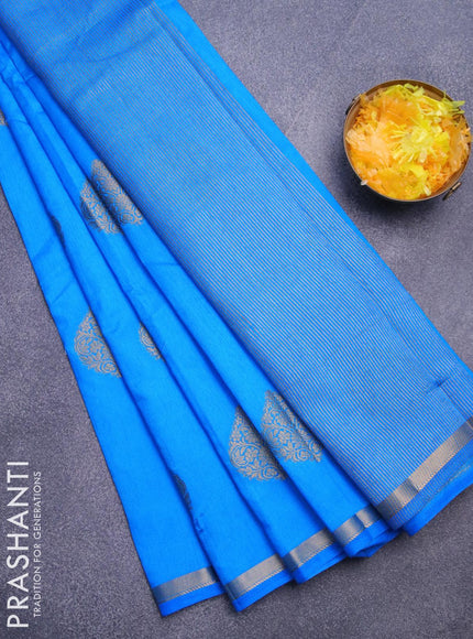 Semi raw silk saree cs blue with zari woven buttas and small zari woven border