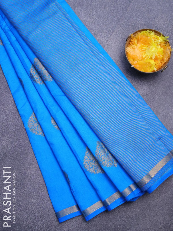 Semi raw silk saree cs blue with zari woven buttas and small zari woven border