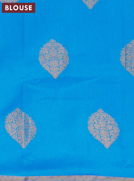 Semi raw silk saree cs blue with zari woven buttas and small zari woven border