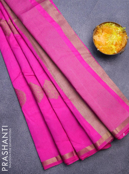 Semi raw silk saree pink with zari woven buttas and small zari woven border