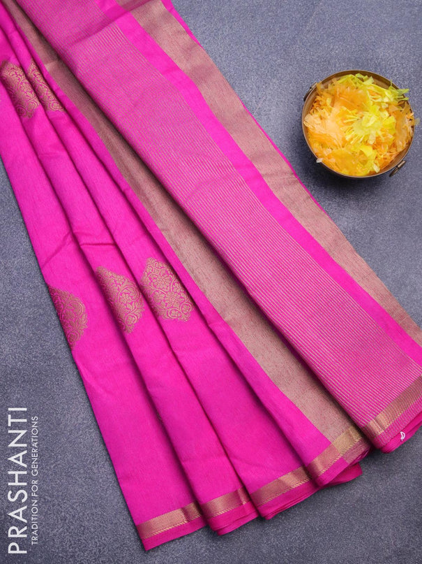 Semi raw silk saree pink with zari woven buttas and small zari woven border