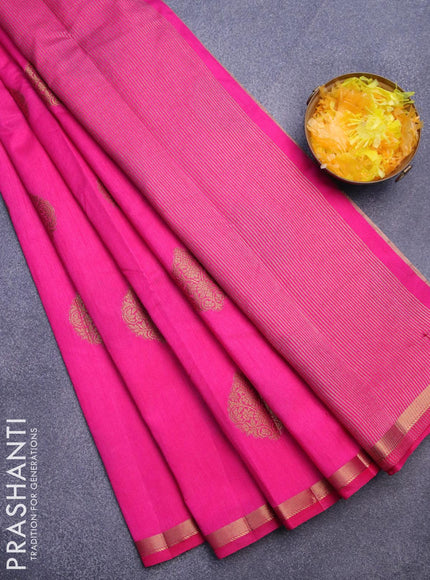 Semi raw silk saree pink with zari woven buttas and small zari woven border