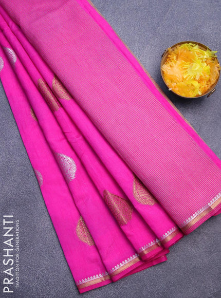 Semi raw silk saree pink with silver & gold zari woven buttas and small zari woven border