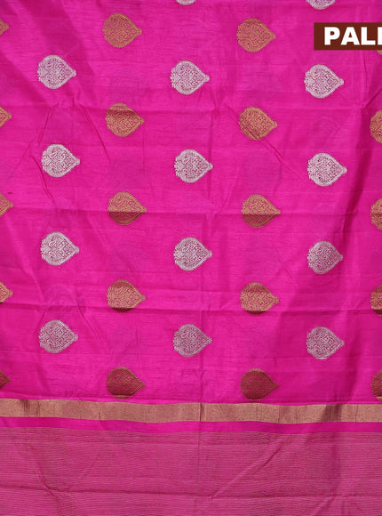 Semi raw silk saree pink with silver & gold zari woven buttas and small zari woven border