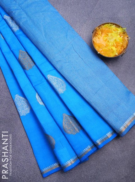 Semi raw silk saree cs blue with silver & gold zari woven buttas and small zari woven border