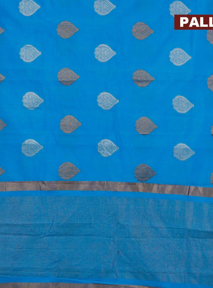 Semi raw silk saree cs blue with silver & gold zari woven buttas and small zari woven border