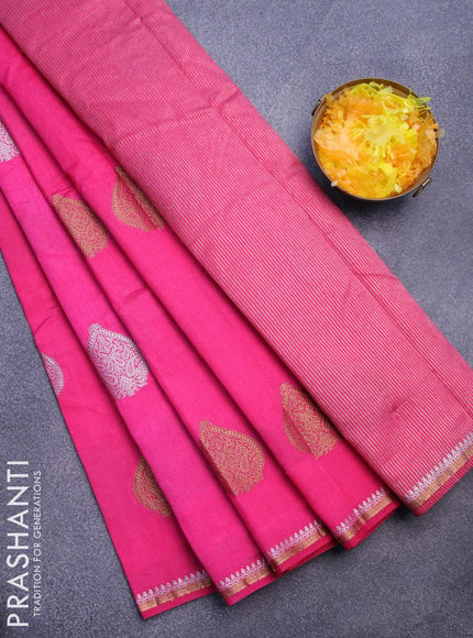 Semi raw silk saree pink with silver & gold zari woven buttas and small zari woven border