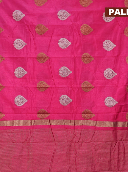 Semi raw silk saree pink with silver & gold zari woven buttas and small zari woven border