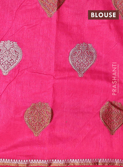 Semi raw silk saree pink with silver & gold zari woven buttas and small zari woven border