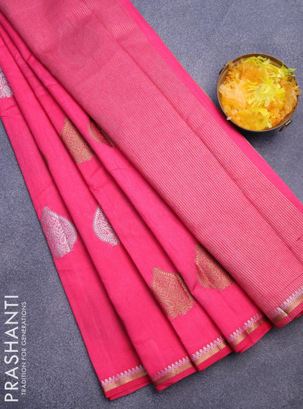 Semi raw silk saree pink with silver & gold zari woven buttas and small zari woven border