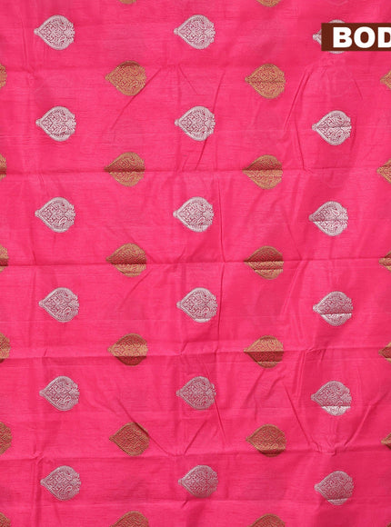 Semi raw silk saree pink with silver & gold zari woven buttas and small zari woven border