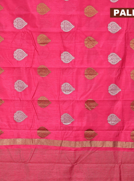 Semi raw silk saree pink with silver & gold zari woven buttas and small zari woven border