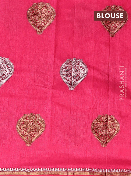 Semi raw silk saree pink with silver & gold zari woven buttas and small zari woven border